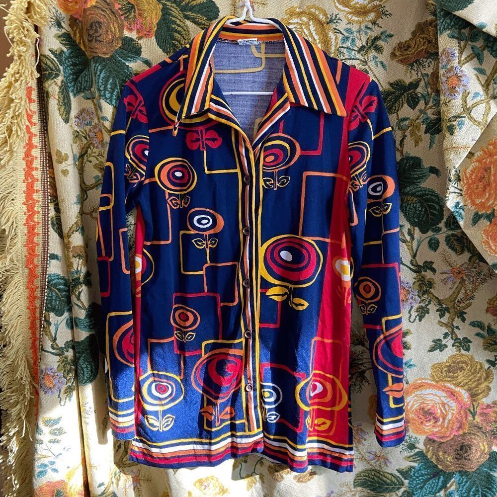 VTG 70s Psychedelic Mod Disco Shirt Geometric Print Fitted Button Up Top - Picture 10 of 13